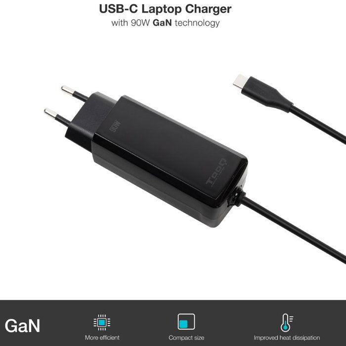 Tooq Cargador de Portátil GaN USB-C PD 90W Negro